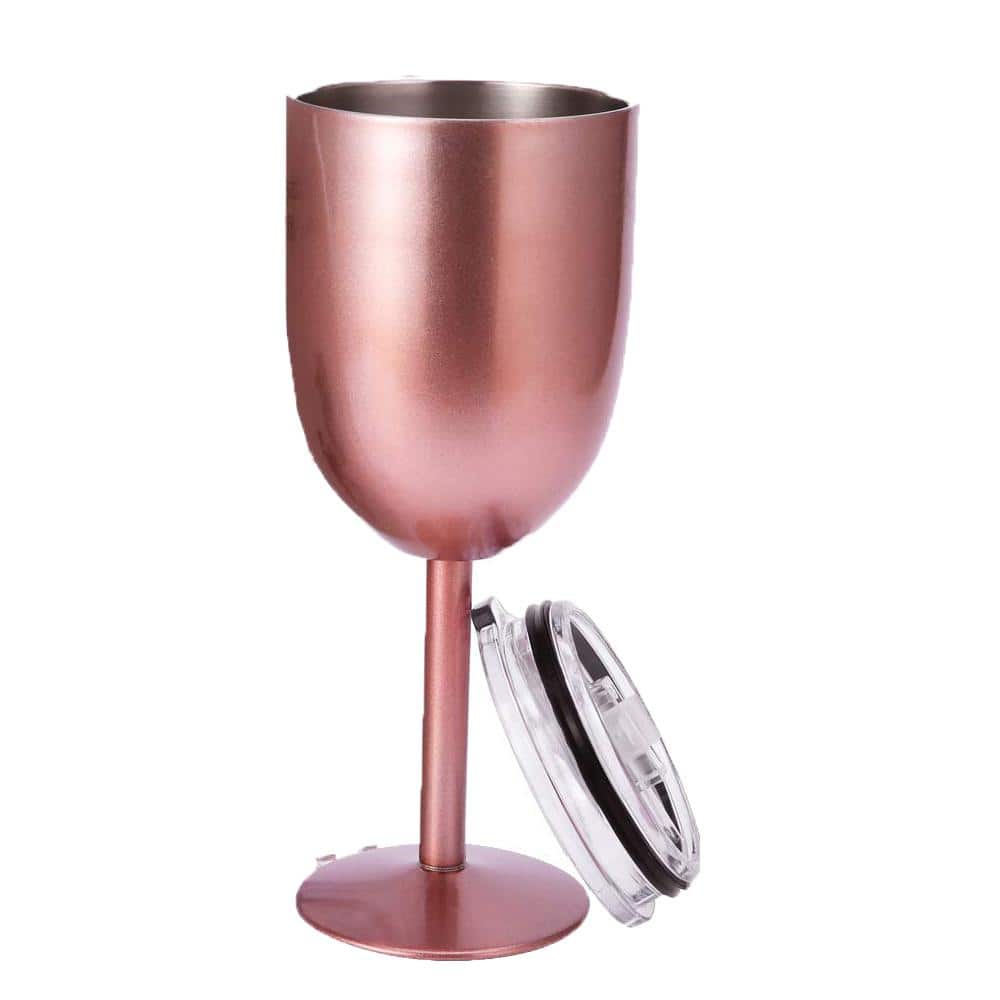 Double Walled 10 oz. Insulated Rose Gold Stainless Steel Wine Tumbler with Lid (Set of 2) - Hercitys