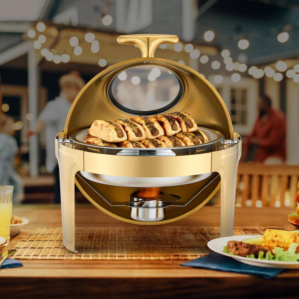 6.3 qt. Gold Stainless Steel Rectangular Chafing Dish for Buffet with Glass Window Full Size Food Pan - Hercitys