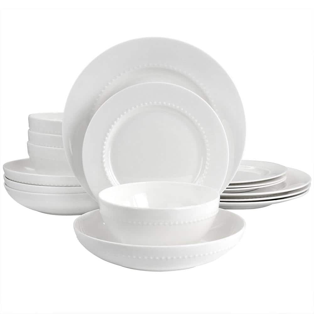 Embossed Bone China 16-Piece Double Bowl Dinnerware Set in White - Hercitys