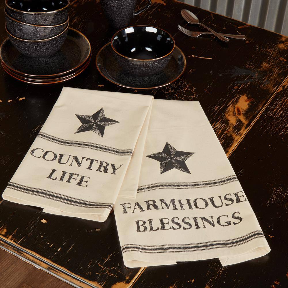 Farmhouse Star Antique Creme Black Print Country Life Cotton Muslin Unbleached Kitchen Tea Towel Set (Set of 2) - Hercitys