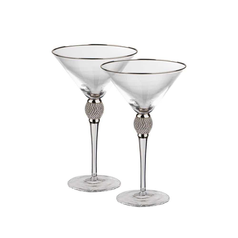 Elegant 10 oz. Martini Glasses with Diamond Rhinestone Accents and a Polished Silver Rim (Set of 2) - Hercitys