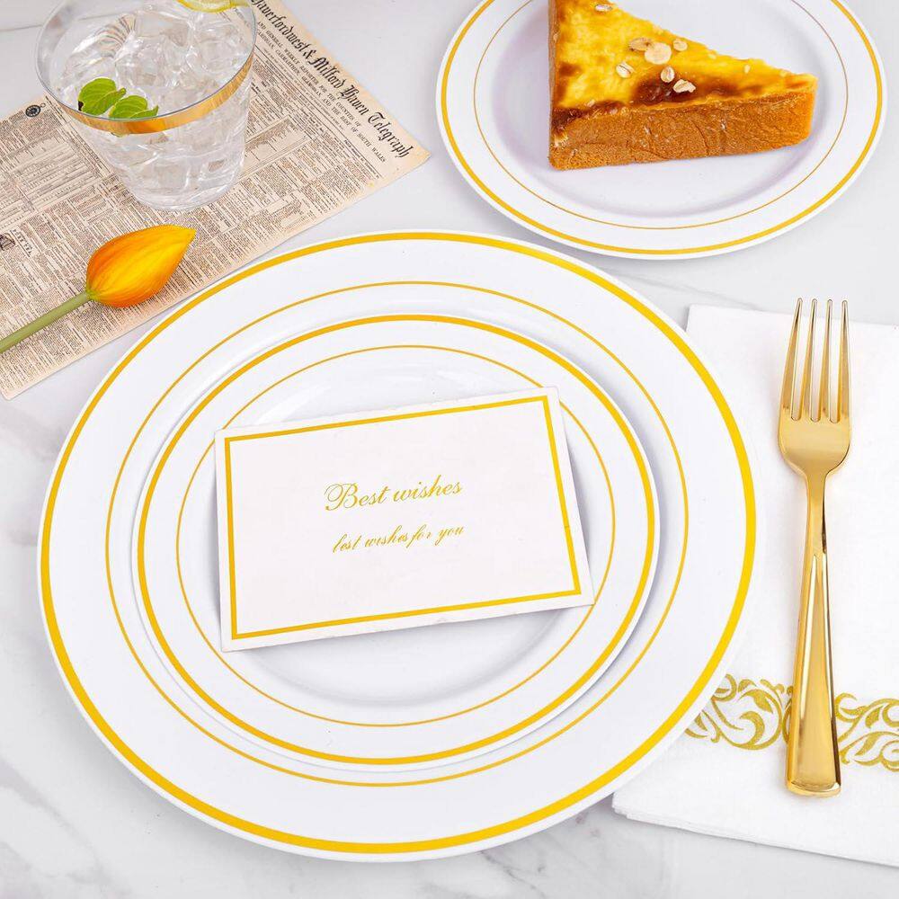Gold Disposable Plastic Dinnerware Set for 50-Guests, Includes Plates, Napkins, Cups, Silverware - Hercitys
