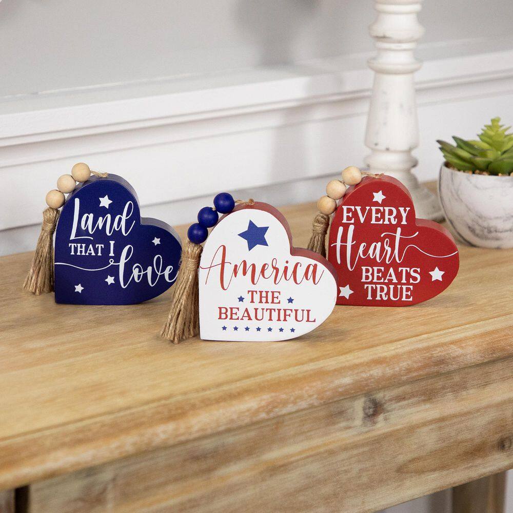 Patriotic Hearts with Beaded Tassels Wooden Signs-3.75 in.-Set of 3 - Hercitys