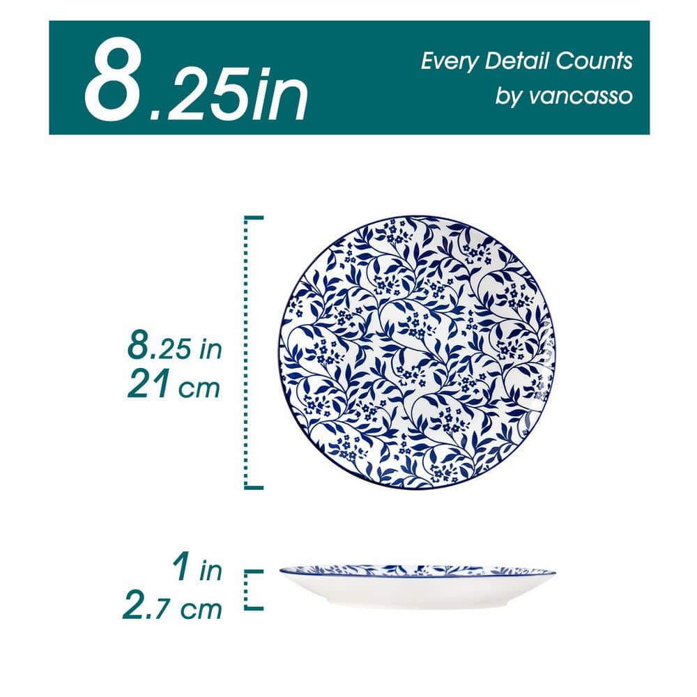 Blue and White Dessert Plate Set of 6 Vintage Salad Plates 8.25 in. Round Kitchen Serving Plates - Hercitys