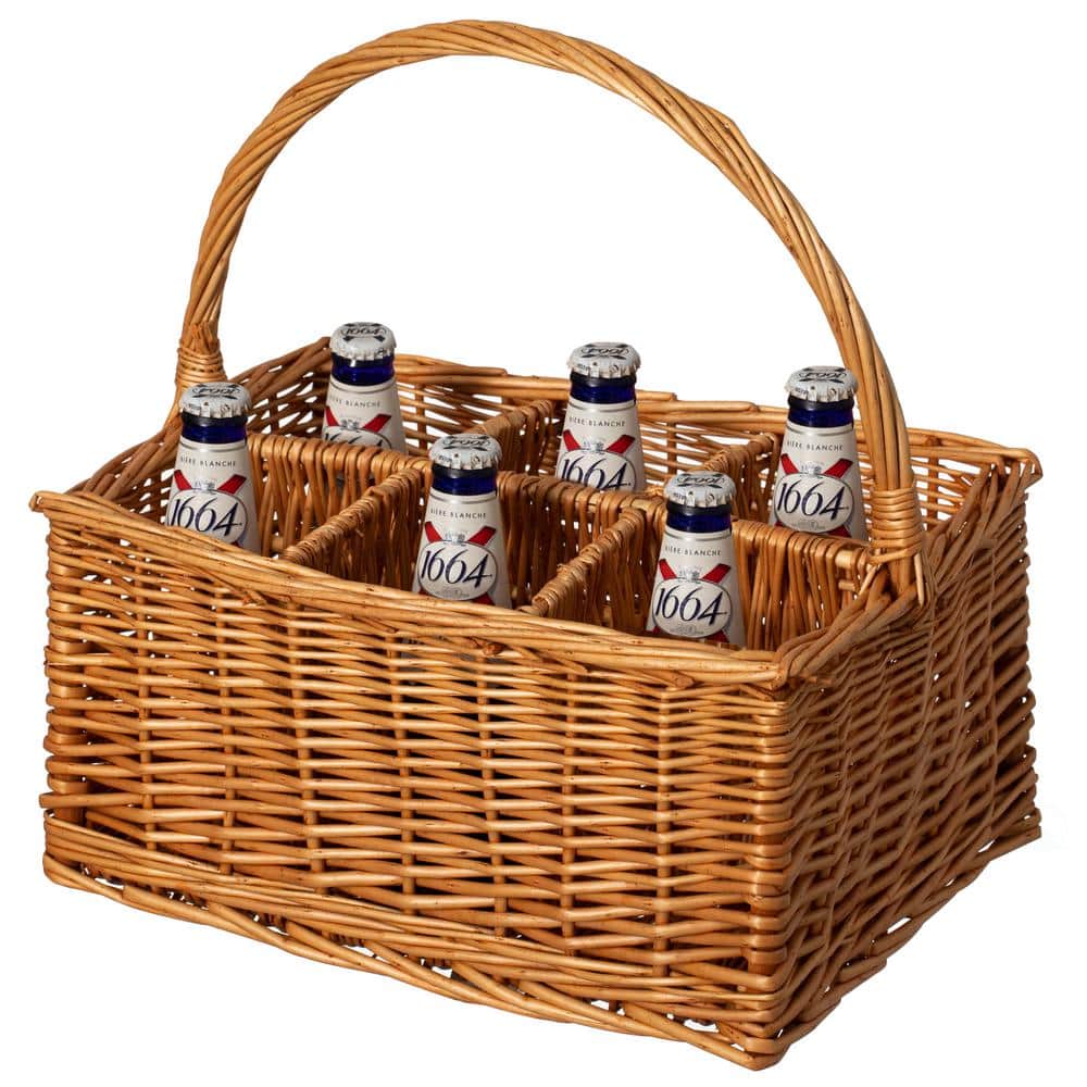 6 Bottle Wine and Beverage Wicker Tote Basket Perfect for Beer, Champagne, Bar Accessories, Home Bars and Picnics, Brown - Hercitys