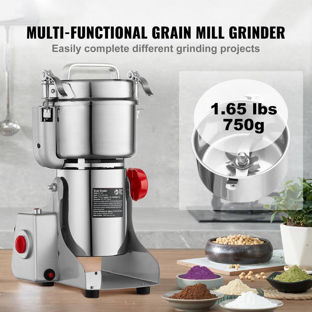 750g Electric Grain Mill Grinder, 2000-Watt High Speed, Stainless Steel Commercial Spice Pulverizer - Hercitys