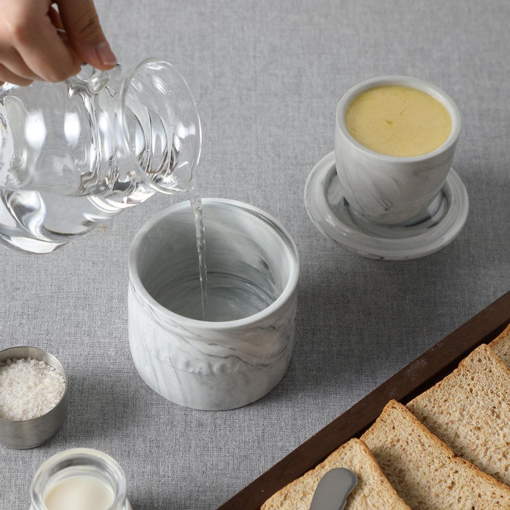 6 oz. Marble Gray Porcelain French Butter Dish with Lid Butter Container Butter Keeper with Water Line - Hercitys