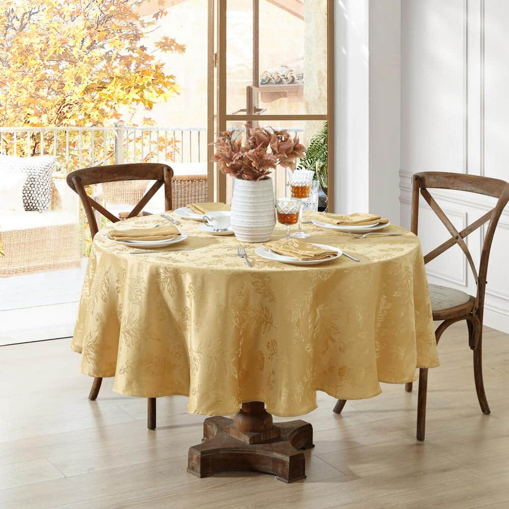 70 in. Round Gold Elegant Woven Leaves Jacquard Damask Tablecloth - Hercitys