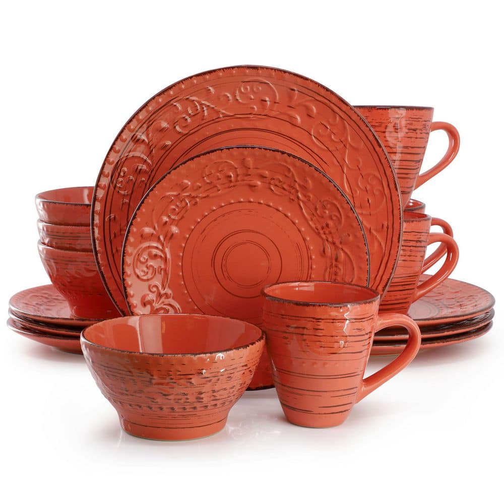 Elama Pacifica Sunset 16-Piece Stoneware Dinnerware Set in Orange - Hercitys