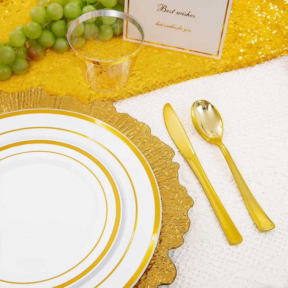Gold and White Disposable Dinnerware Set for 100-Guests, 100-Piece Kit - Hercitys