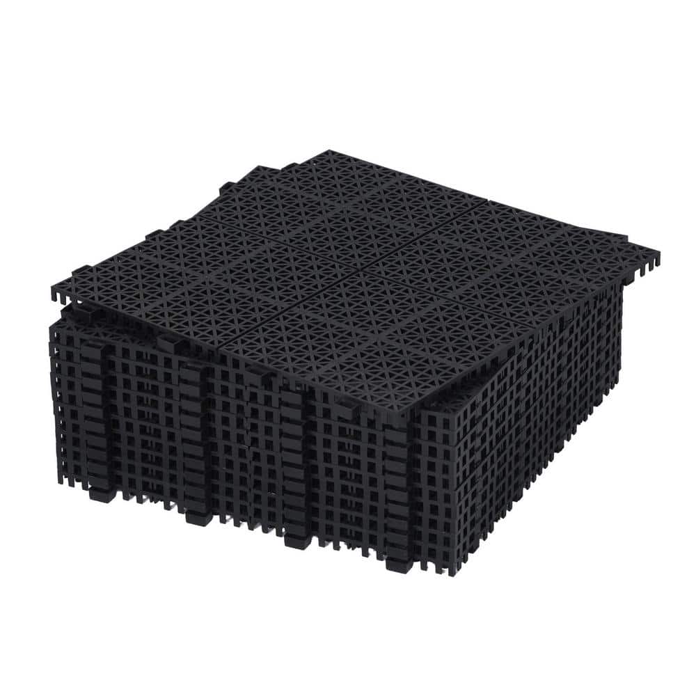 Black 12 in. x 12 in. x 0.43 in. Thick Plastic Interlocking Deck Tiles Rosette Pattern Anti-Slip 12 sq. ft. (12 Pack) - Hercitys