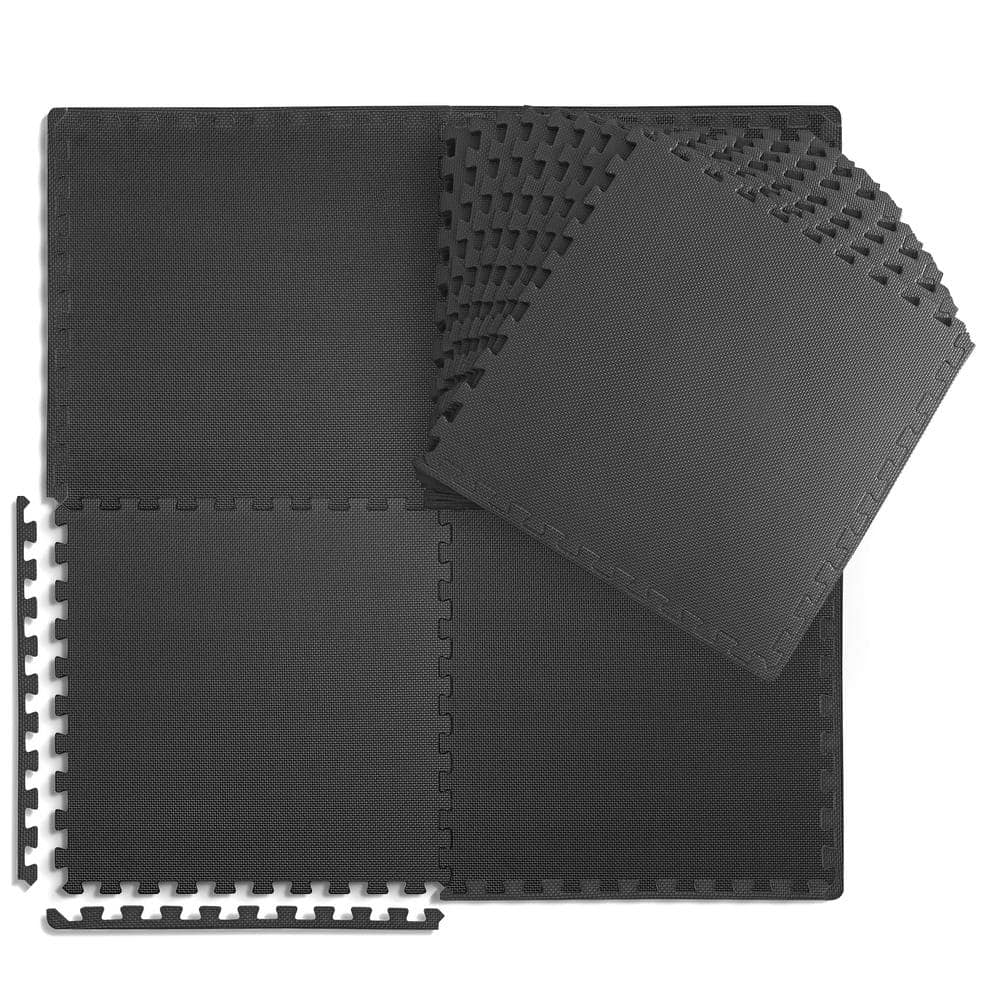 Black 24 in. W x 24 in. L x 0.75 in. Thick EVA Foam Double-Sided T Pattern Gym Flooring Tiles (18 Tiles/Pack 72 sq. ft.) - Hercitys