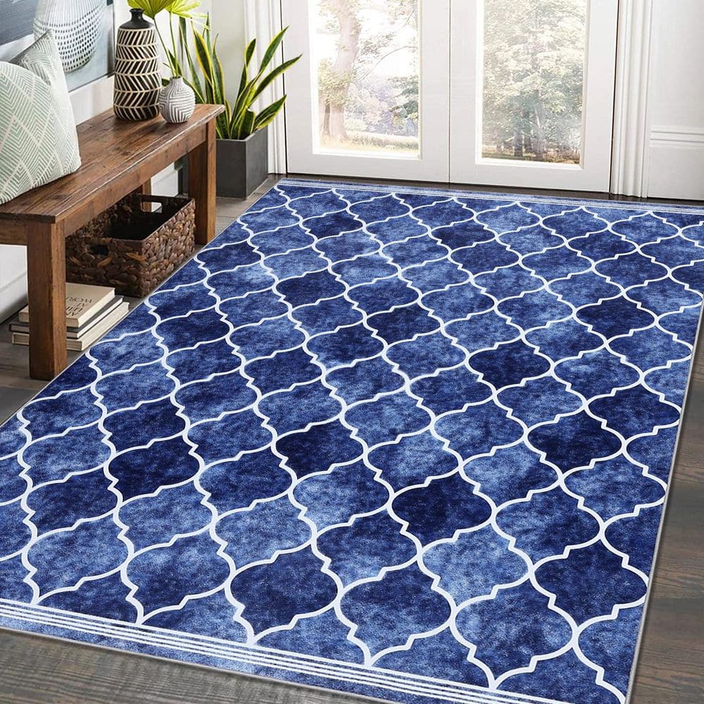 Vintage Grid Printed Rug Low Pile Non-Slip Carpet Washable Home Decor Rug Blue, 9 ft. x 12 ft. Area Rug - Hercitys