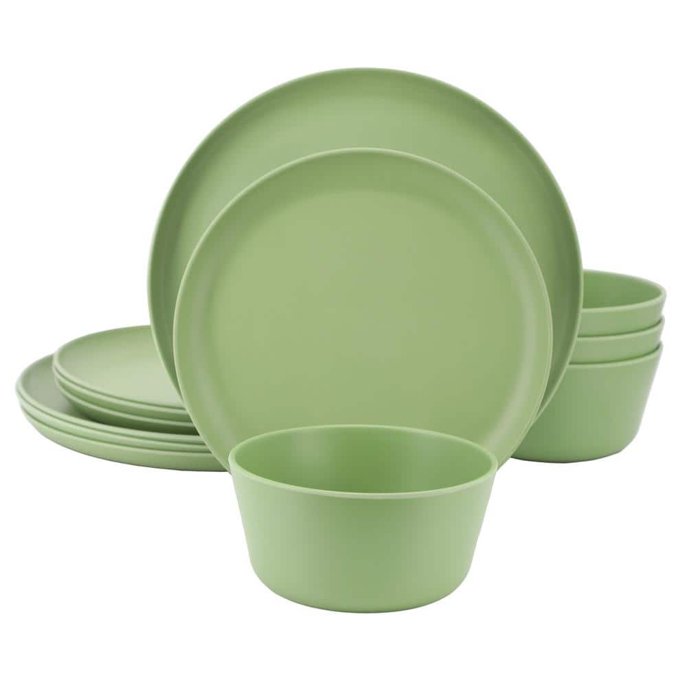 Fairhope 12-Piece Melamine Round Dinnerware Set in Matte Green - Hercitys