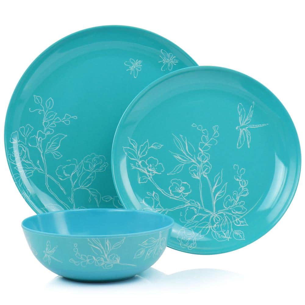 Martha Stewart 12 Piece Leafy FLoral Melamine Dinnerware Set in Turquoise Service for 4 - Hercitys