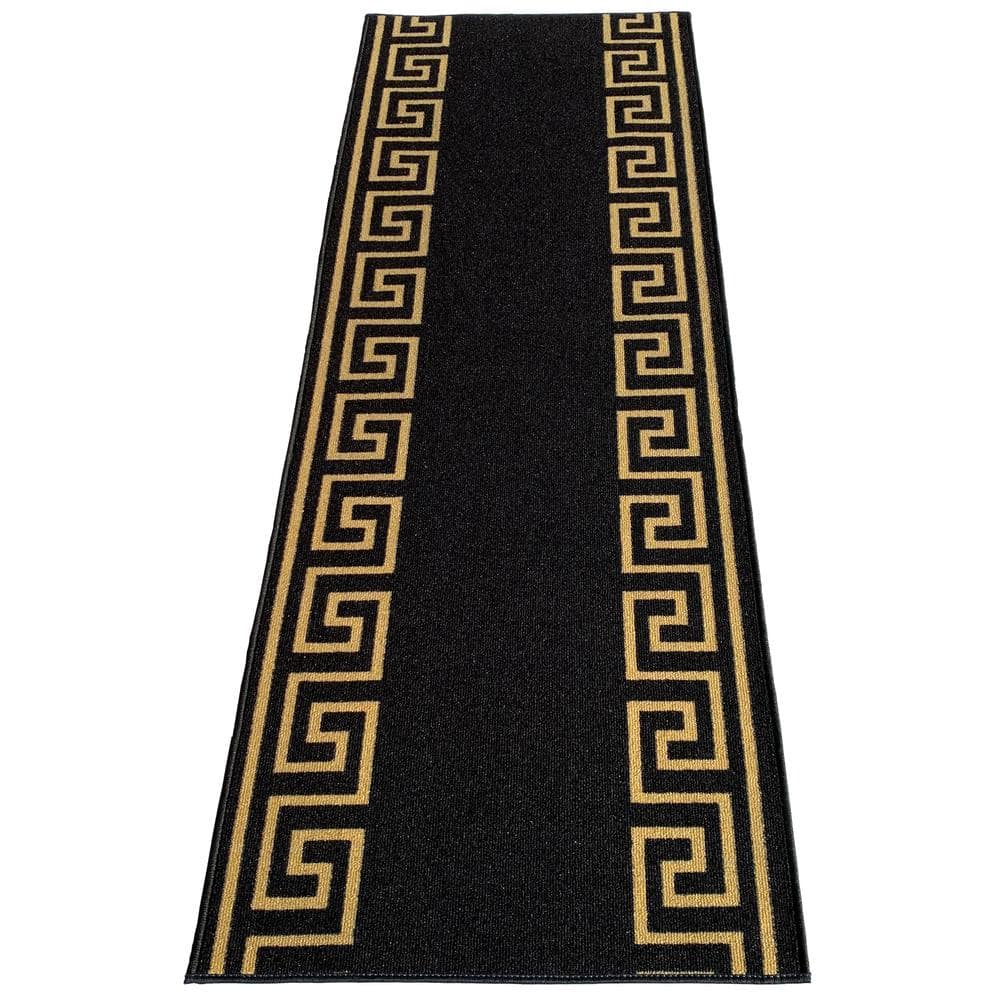 Greek Key Black and Gold 31 in. Width x Your Choice Length Custom Size Roll Runner Rug/Stair Runner - Hercitys