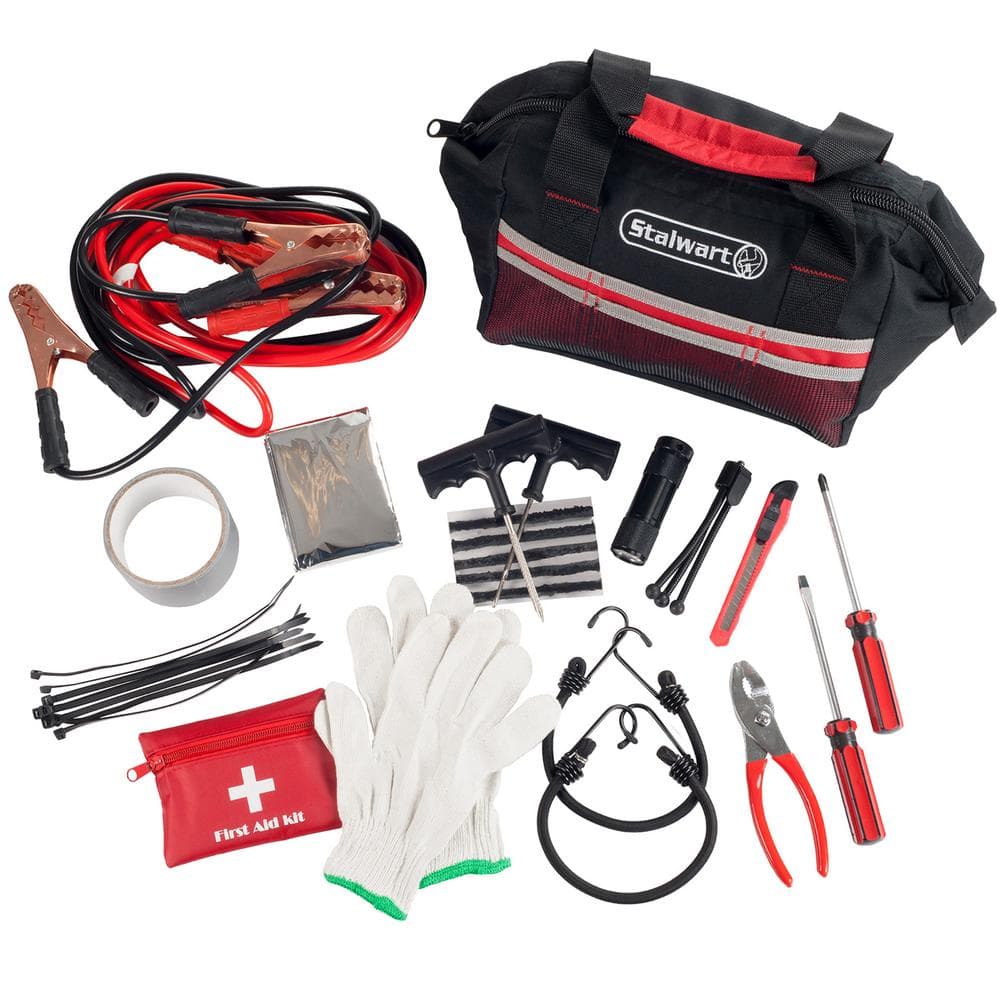Red Emergency Roadside Tool and First Aid Kit with Travel Bag (55-Piece) - Hercitys
