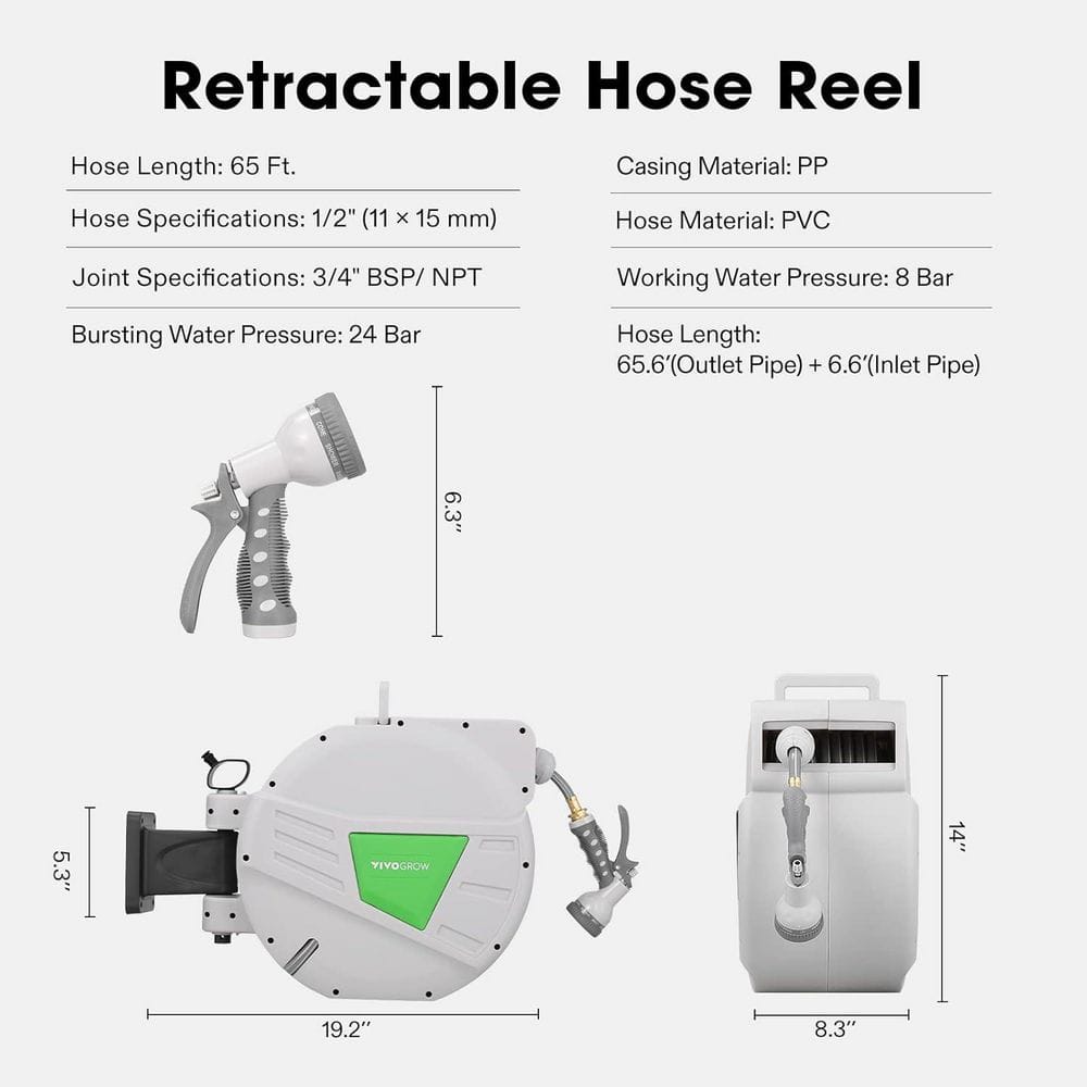 Wall-Mounted 0.5 in. Dia x 65 ft. Retractable Garden Hose Reel with a 9-Pattern Nozzle - Hercitys