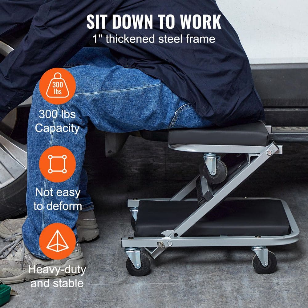 Z-Creeper Seat, 2 in 1 Rolling Folding Car Creeper/Stool, 300 lbs. Capacity Mechanic Creeper, Low Profile Creeper, Black - Hercitys