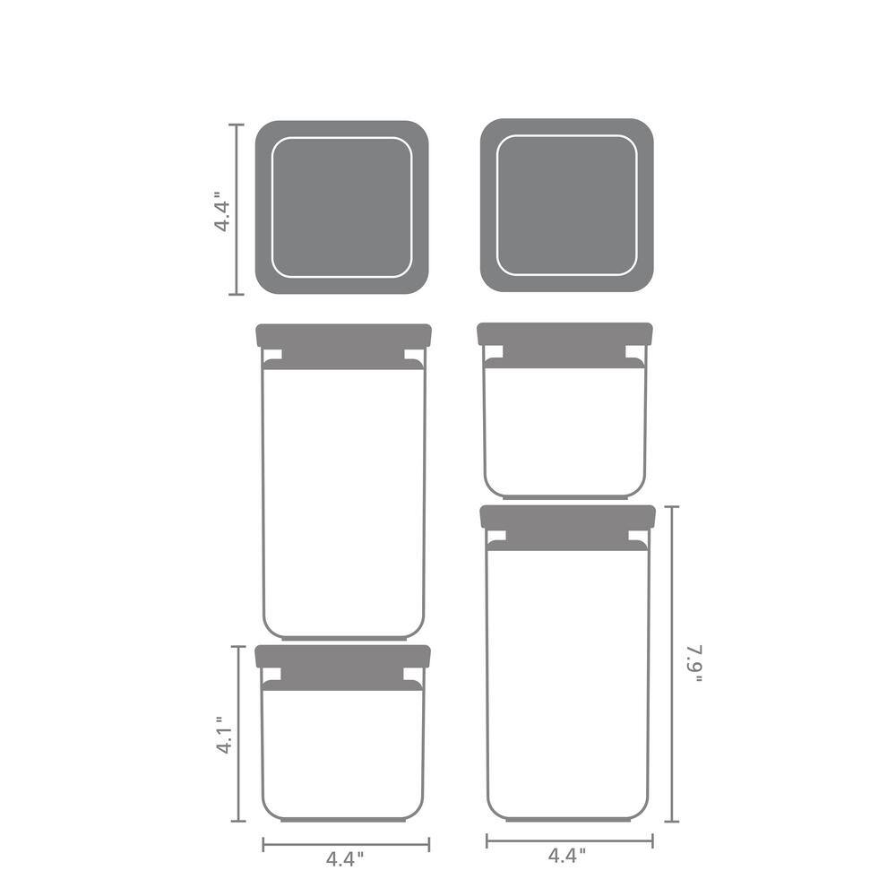 Tastyplus, Set of 4, Plastic Stackable Square Canisters, 2 x 0.7 qt. and 2 x 1.7 qt. with Dark Gray Lid - Hercitys