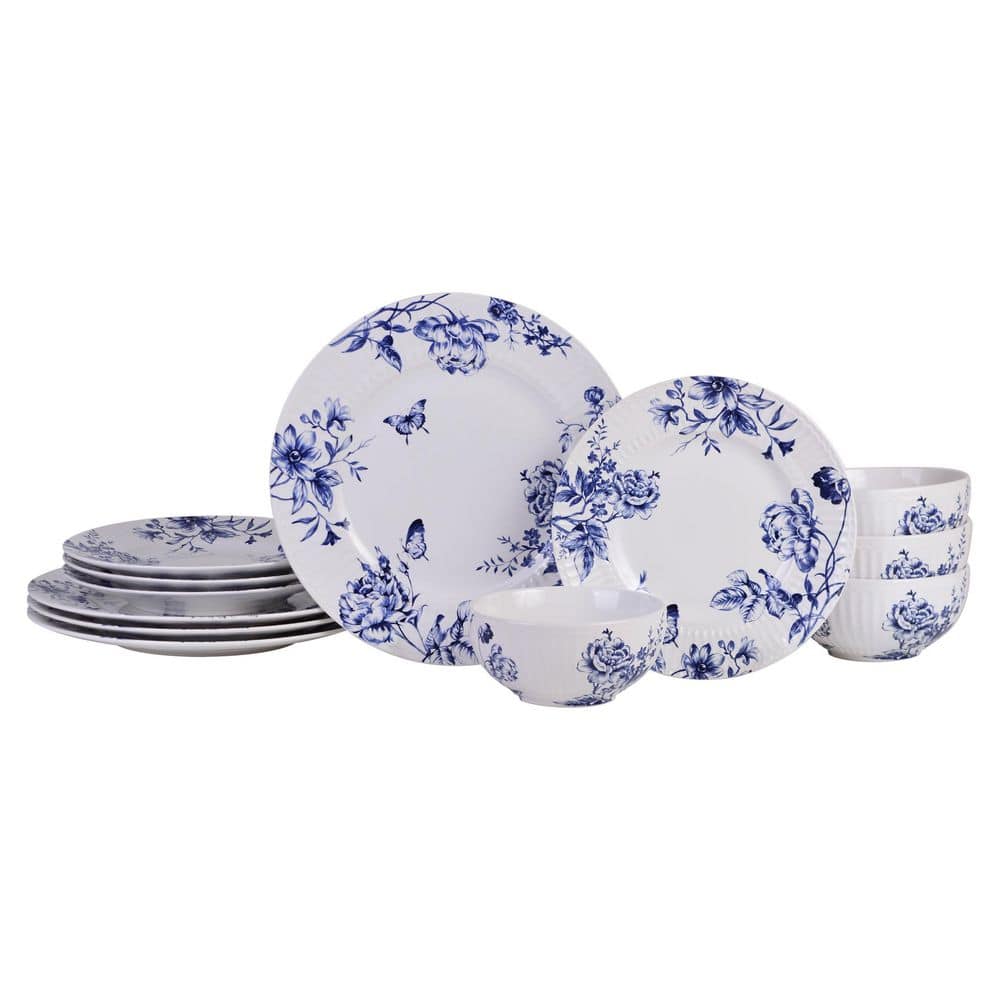 Cassian Embossed Toile Blue Porcelain 12-Pieces Dinnerware Set - Hercitys