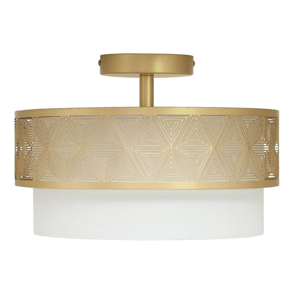 Sloane 13.125 in. Dual-Light Gold-Tone Semi-Flush Mount with White Fabric Drum Shade - Hercitys