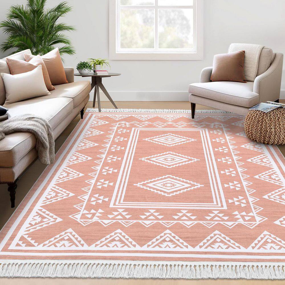 Tassel Printed Carpet Washable Area Rug Soft Non-Slip Bohemian Style Carpet for Bedroom Living Room Office Pink，9X12ft - Hercitys