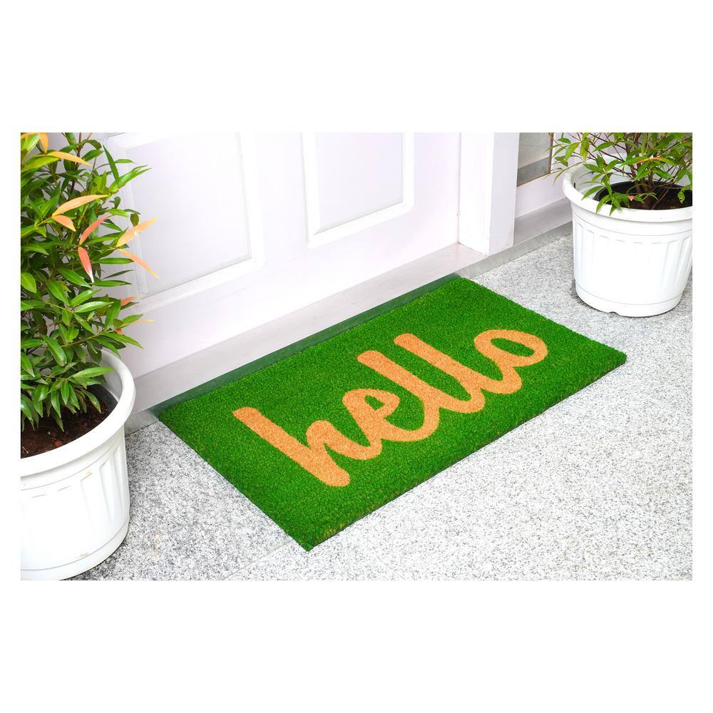Hello Green/Natural Script 17 in. x 29 in. Door Mat - Hercitys