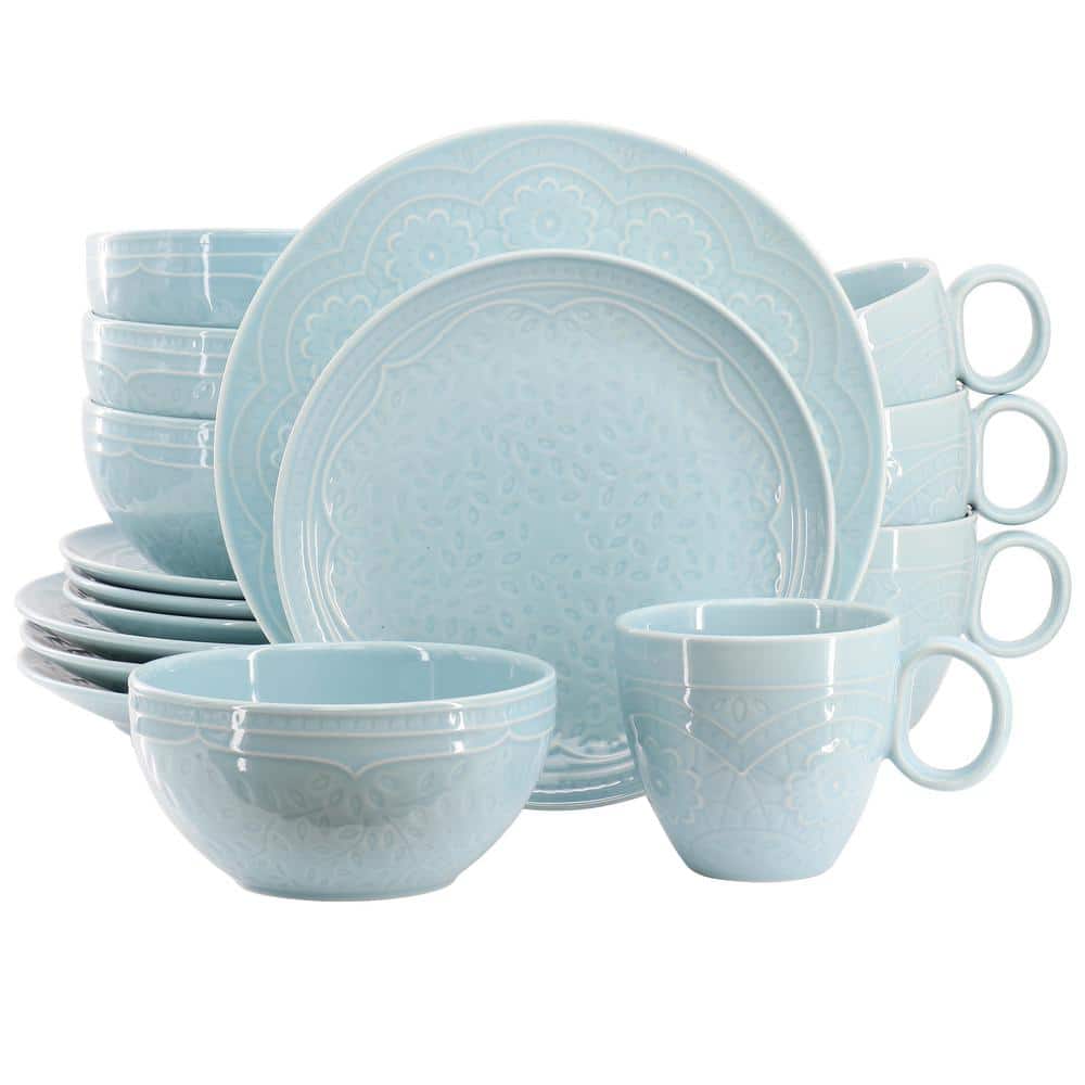 Alemany 16 Piece Round Stoneware Dinnerware Set in Blue - Hercitys