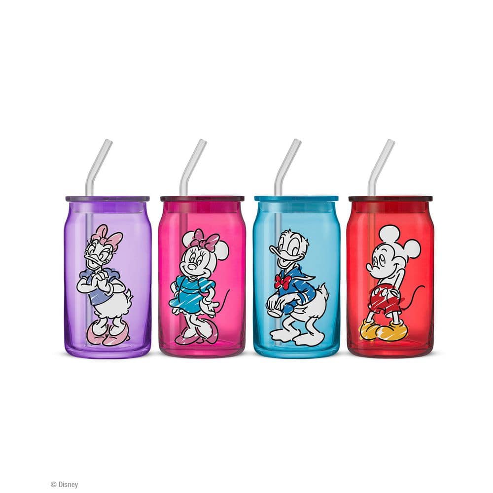 Disney Mickey and Friends Color Sketch LeadFree Can Glass with Acrylic Lids, 16-Ounce, (Set of 4) - Hercitys