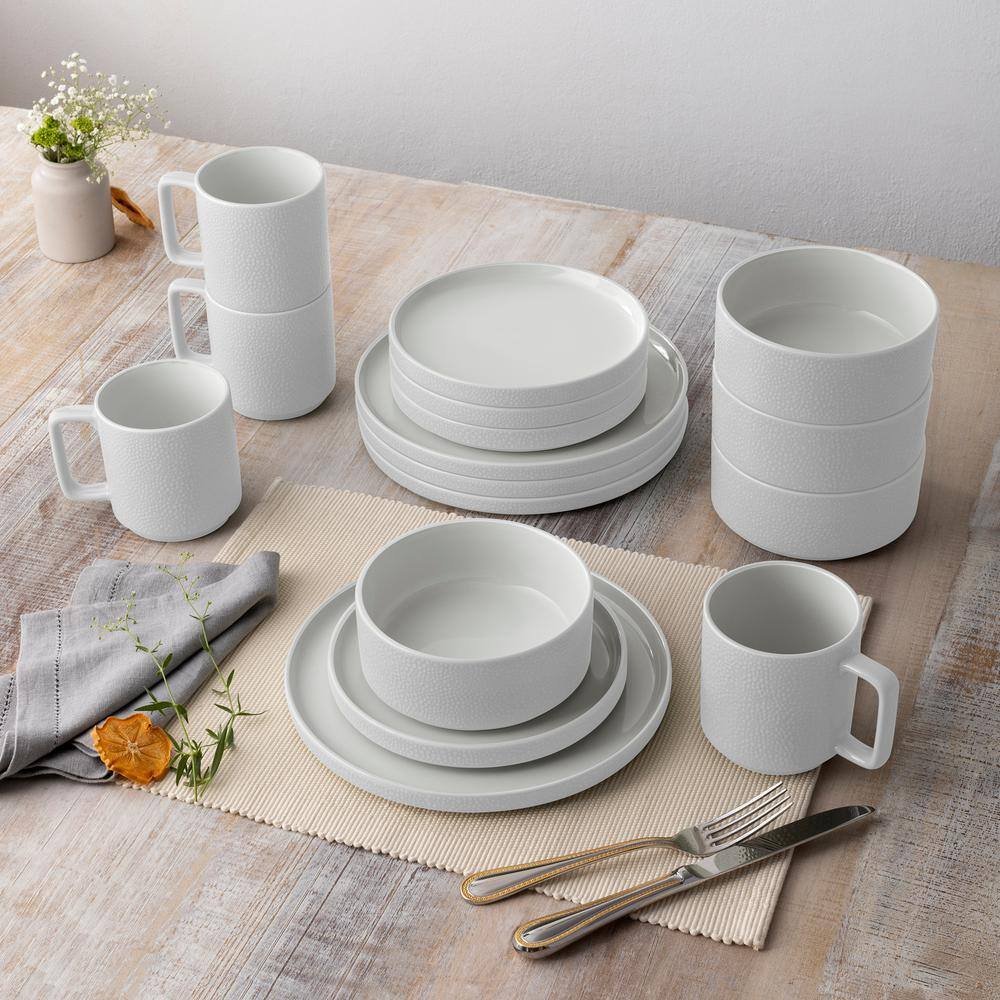 Colortex Stone 16-Piece (White) Porcelain Stax Dinnerware Set, Service for 4 - Hercitys