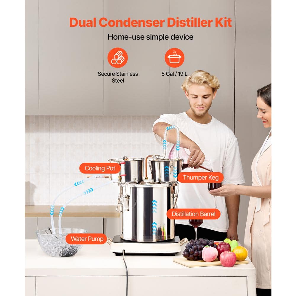 Alcohol Still, 5 gal. / 19 L Stainless Steel Water Alcohol Distiller for Fast Cooling, Dual Condenser Distiller Kit - Hercitys