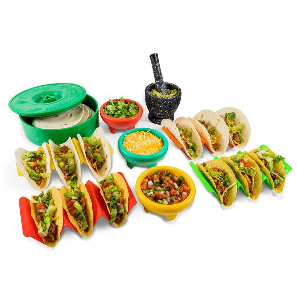 Taco Kit with Tortilla Warmer, 3 Salsa Bowls, 4-Set Taco Shell Holders, Mortar and Pestle - Hercitys