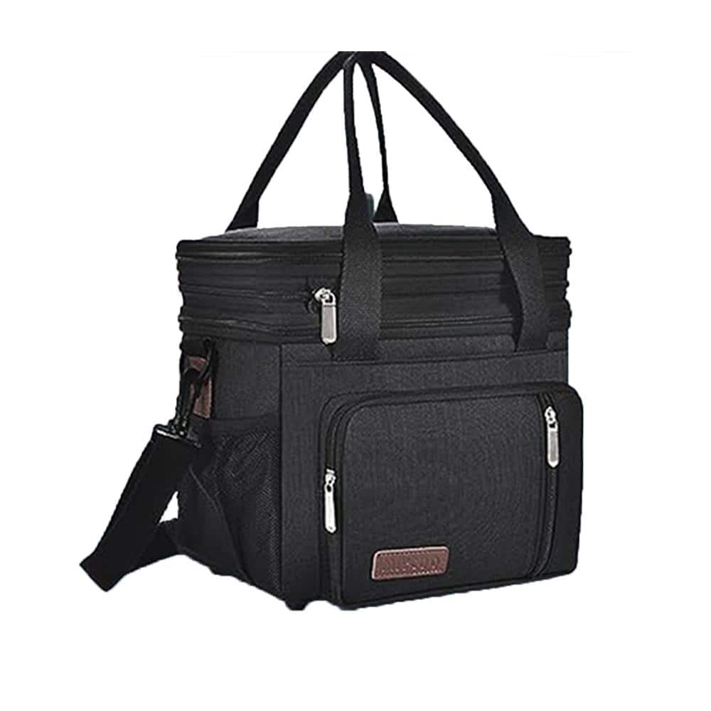 Black Double-Layer Insulated Lunch Bag with 15 L Large Capacity and Ice Packs for Work, Picnics and Beach Days - Hercitys