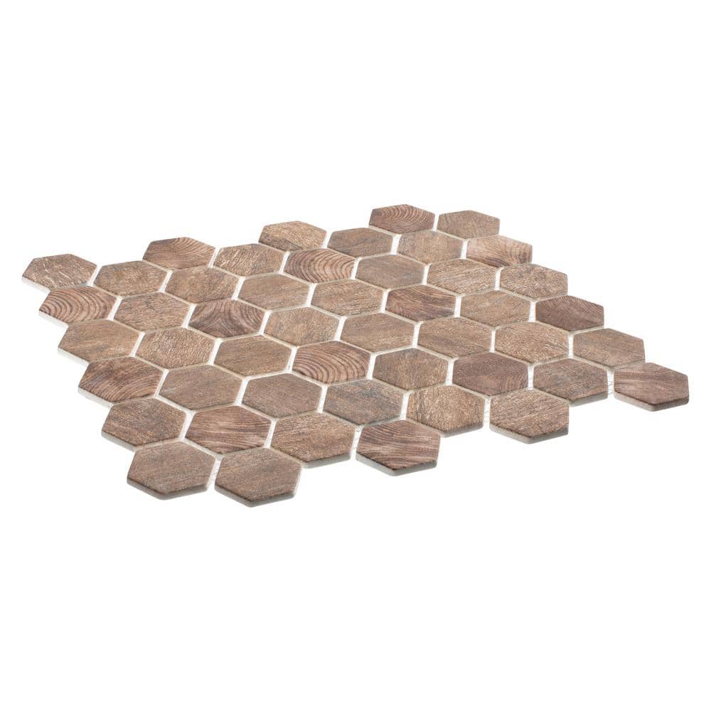 Terrain Cherri Brown 2-in. Hexagon Honeycomb Wood Look Matte Glass Wall and Floor Mosaic Tile (5 sq. ft./Case) - Hercitys