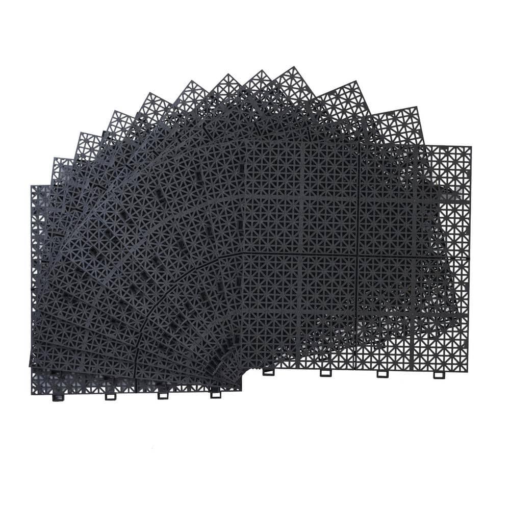 Black 12 in. x 12 in. x 0.43 in. Thick Plastic Interlocking Deck Tiles Rosette Pattern Anti-Slip 12 sq. ft. (12 Pack) - Hercitys