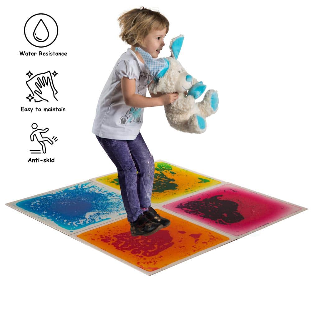 Sensory Liquid Gel Floor Tiles, Red/Orange, Green/Yellow, Pink/Purple, Blue/White 19.5″ L x .25″ Thick Kids Floor Mat - Hercitys