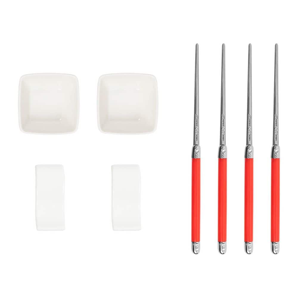 Chopsticks with Red Handles, Ceramic Rests and Sauce Bowls, Set of 2 Pairs - Hercitys