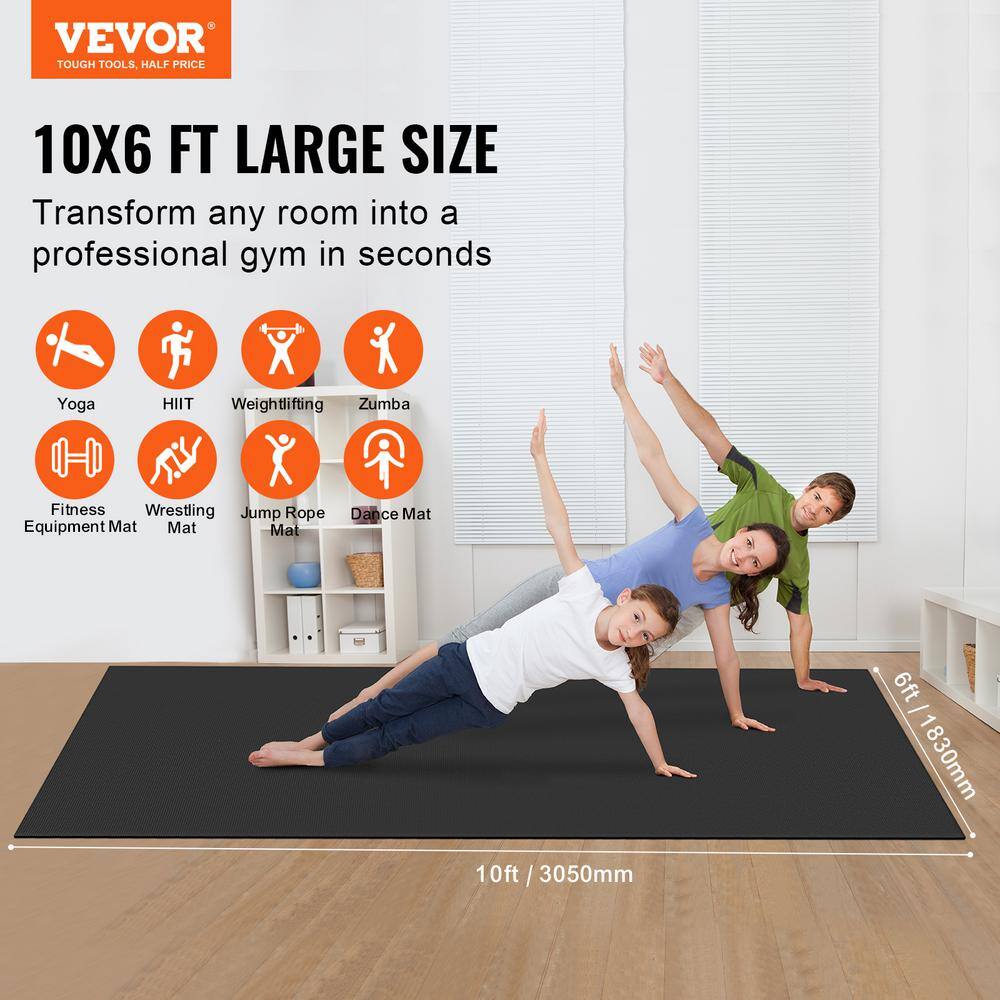 Exercise Mat Black 72 in. W x 120 in. L 0.28 in. T Rubber Yoga Mat Gym Flooring Mat (60 sq. ft.) - Hercitys