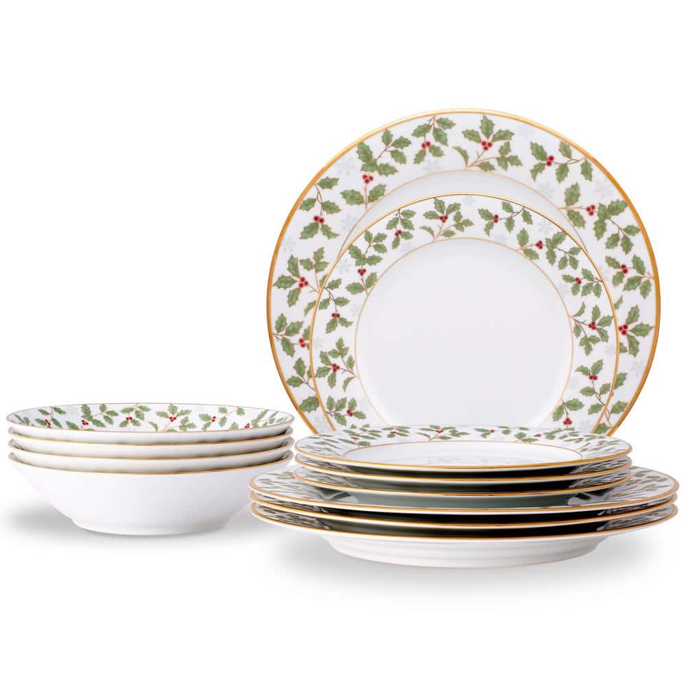 Holly and Berry Gold 12-Piece (White) Porcelain Dinnerware Set, Service for 4 - Hercitys