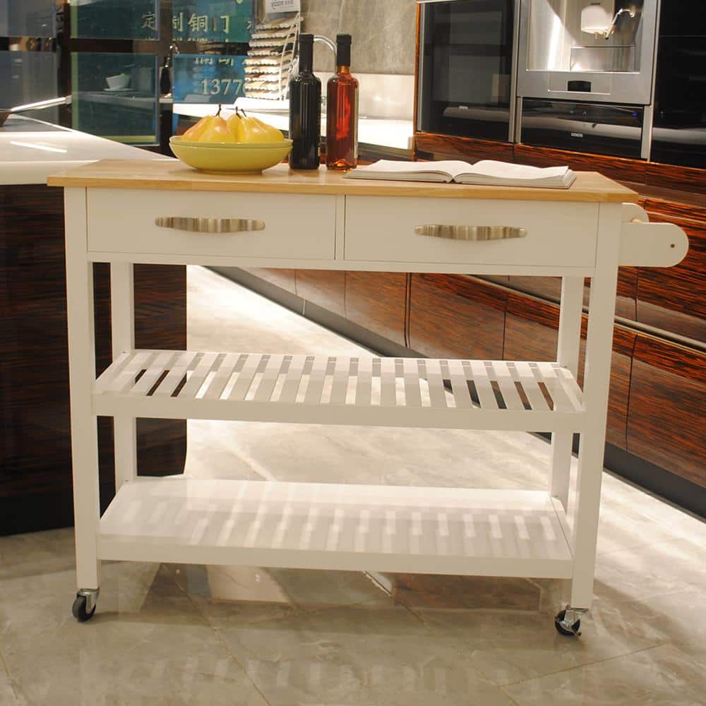 White Wood Top Material 45 in.. W Kitchen Island with Lockable Wheels and Drawers, Kitchen Cart - Hercitys