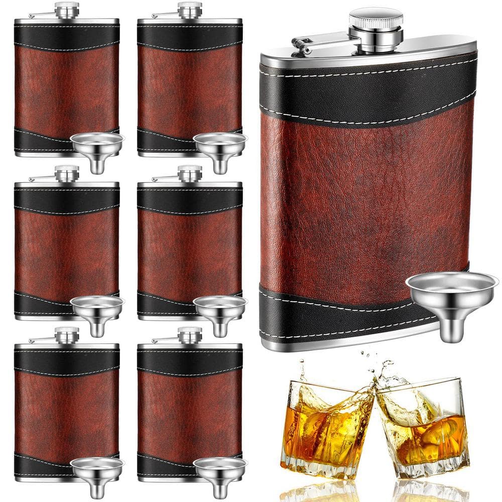 8 oz. Stainless Steel Hip Flasks Leather-Wrapped Liquor Set with Funnel (6-Piece) - Hercitys