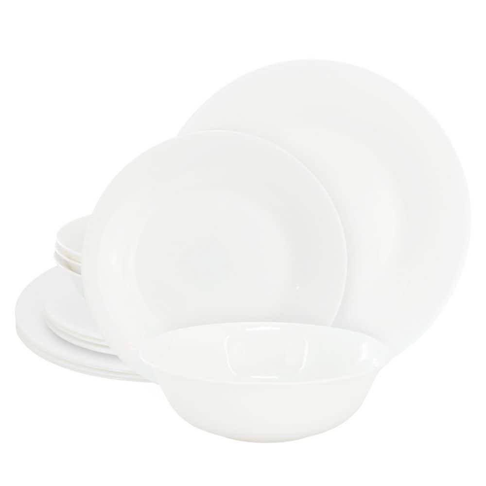 Gibson Ultra White Shadow 12 Piece Opal Glass Dinnerware Set in White - Hercitys