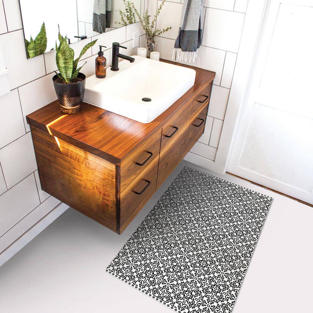 Decorative Black Flourish 20 in. x 34 in. Laminated Kitchen Mat - Hercitys