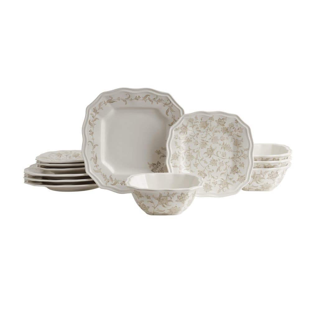 Batik Toile Taupe Porcelain 12-Pieces Dinnerware Set - Hercitys