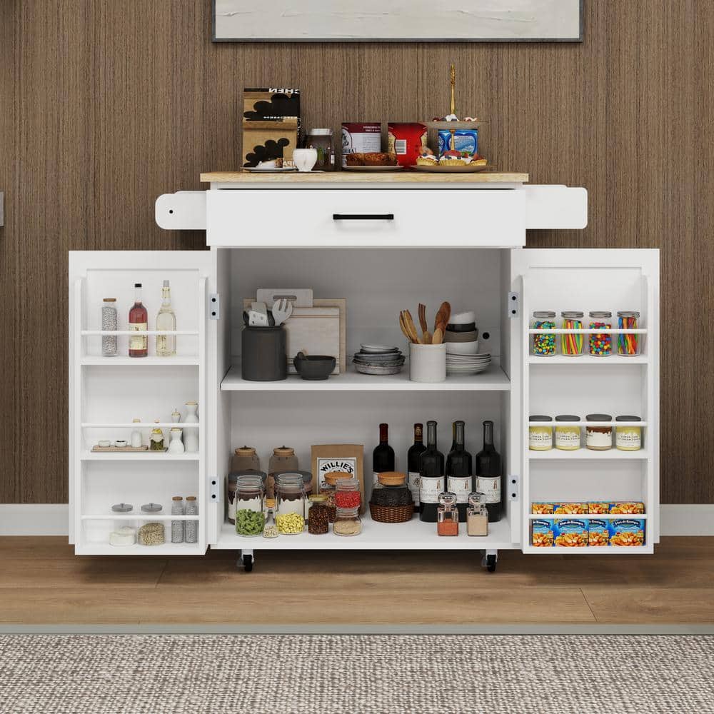 White Wood 29 in. Kitchen Island with Drawers Storage Racks Adjustable Shelves Towel Rack, Kitchen Rolling Trolley Cart - Hercitys