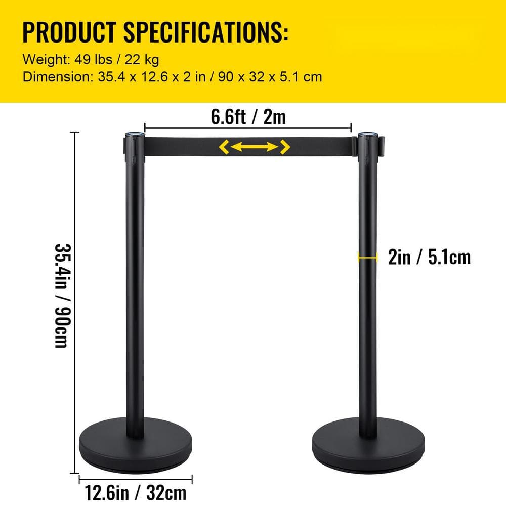 Crowd Control Stanchion Set of 4 Pieces 6.6 ft. Black Retractable Belt Steel Stanchion Post with Metal Base, Black - Hercitys