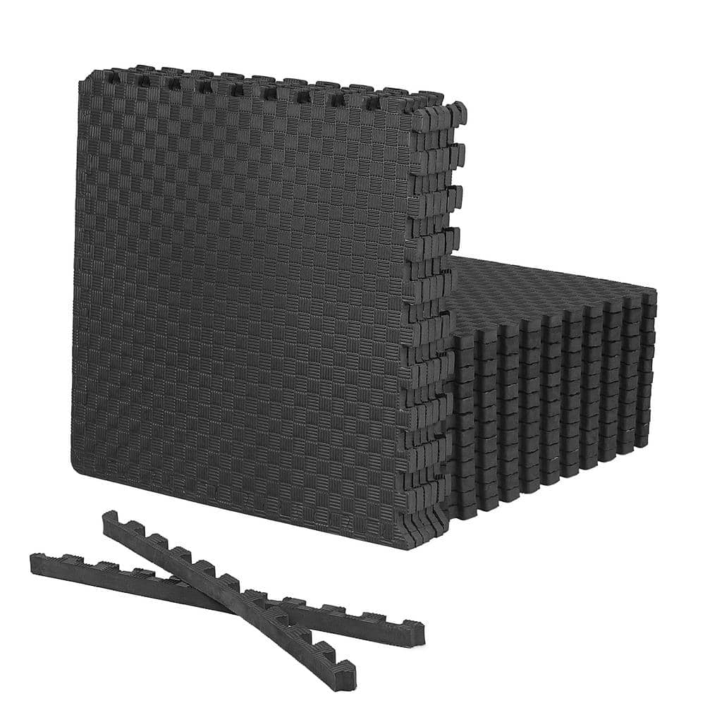 Black 24″ W x 24″ L x 0.75″ Thick EVA Foam Double-Sided Tatami Pattern Gym Flooring Tiles (12 Tiles/Pack) (48 sq. ft.) - Hercitys