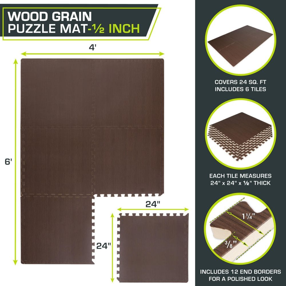 Wood Grain Puzzle Mat Dark Walnut 24 in. x 24 in. x 0.5 in. EVA Foam Interlocking Floor Tiles (24 sq. ft.) (6-Pack) - Hercitys