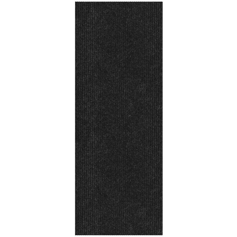 Ribbed Non-Slip Rubberback Indoor/Outdoor Long Hallway Runner Rug 2 ft. x 24 ft., Black Polyester Garage Flooring - Hercitys